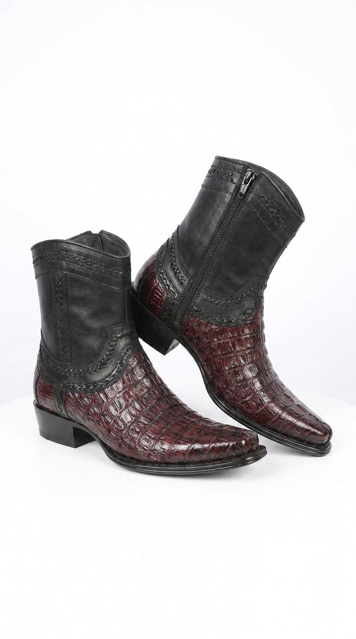 Men’s Los Altos Black Cherry Caiman Tail Low Shaft Boots, European Square Toe Dress Boots