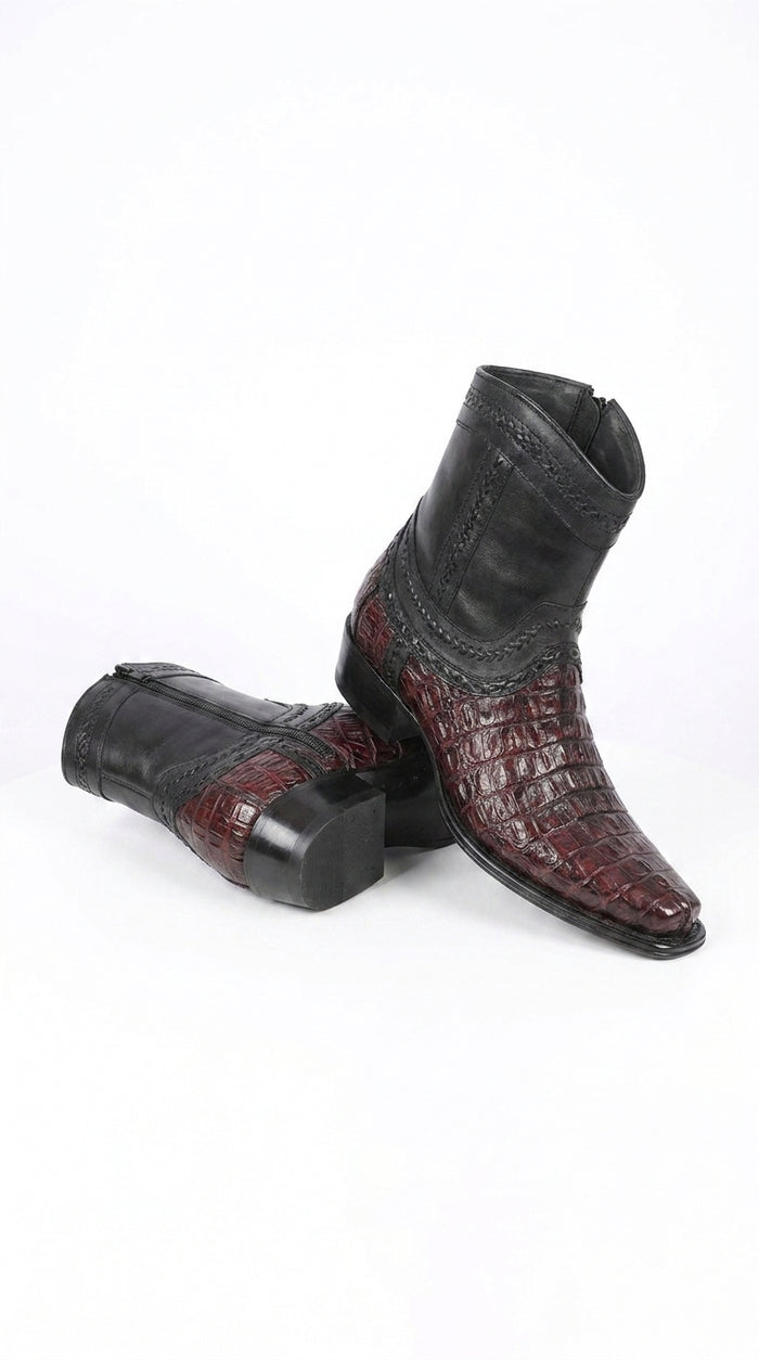 Men’s Los Altos Black Cherry Caiman Tail Low Shaft Boots, European Square Toe Dress Boots