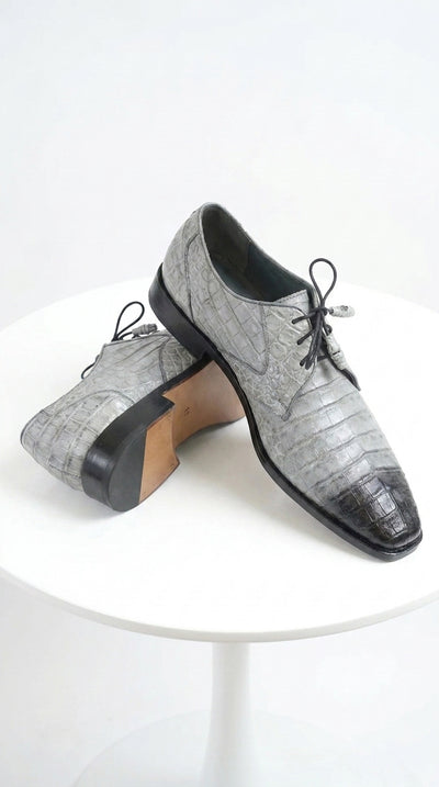 Men’s Los Altos Gray Two Tone Genuine Caiman Belly Lace-Up Oxford Shoes, Exotic Dress Shoes
