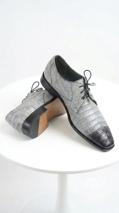Men’s Los Altos Gray Two Tone Genuine Caiman Belly Lace-Up Oxford Shoes, Exotic Dress Shoes