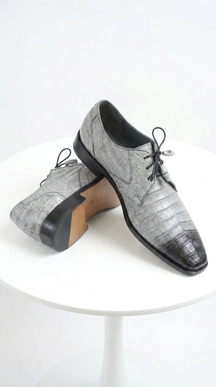 Men’s Los Altos Gray Two Tone Genuine Caiman Belly Lace-Up Oxford Shoes, Exotic Dress Shoes