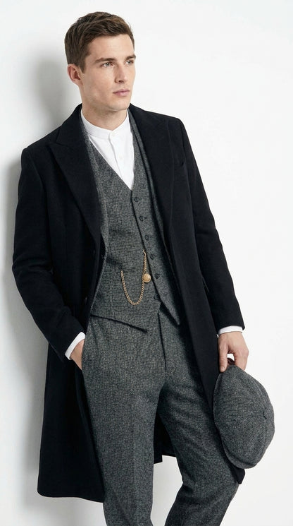 Men’s Grey Peaky Blinders 3 Piece Suit with Black Overcoat and Hat, Thomas Shelby Inspired Costume