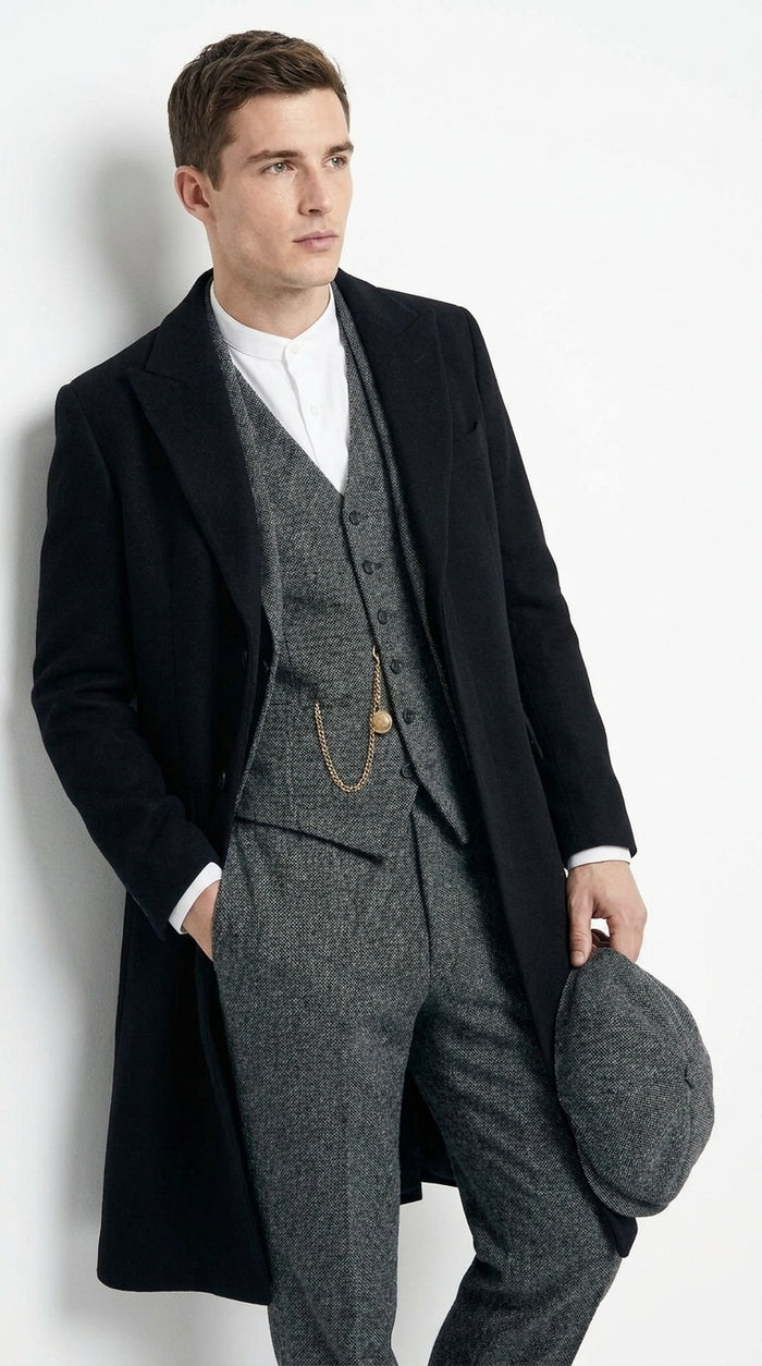 Men’s Grey Peaky Blinders 3 Piece Suit with Black Overcoat and Hat, Thomas Shelby Inspired Costume