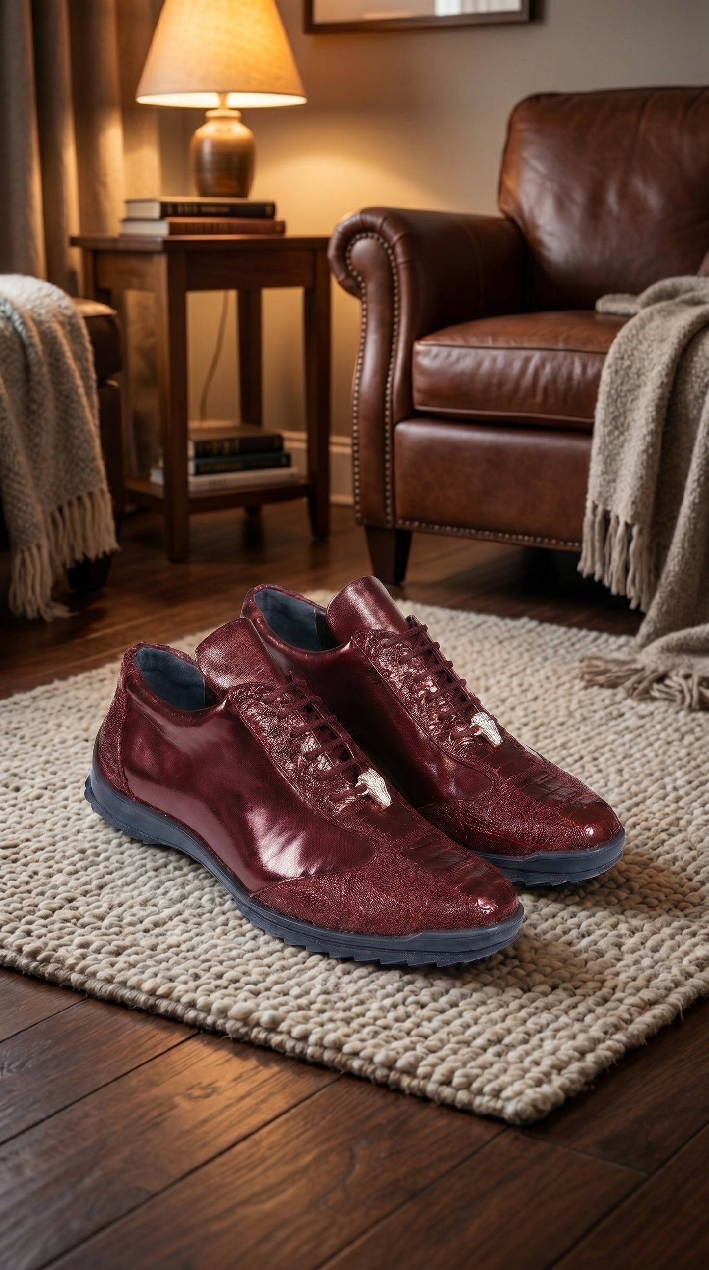 Men’s Wine Ostrich Leg Leather Sneakers with Lace Up Front, Exotic Casual Dress Shoes