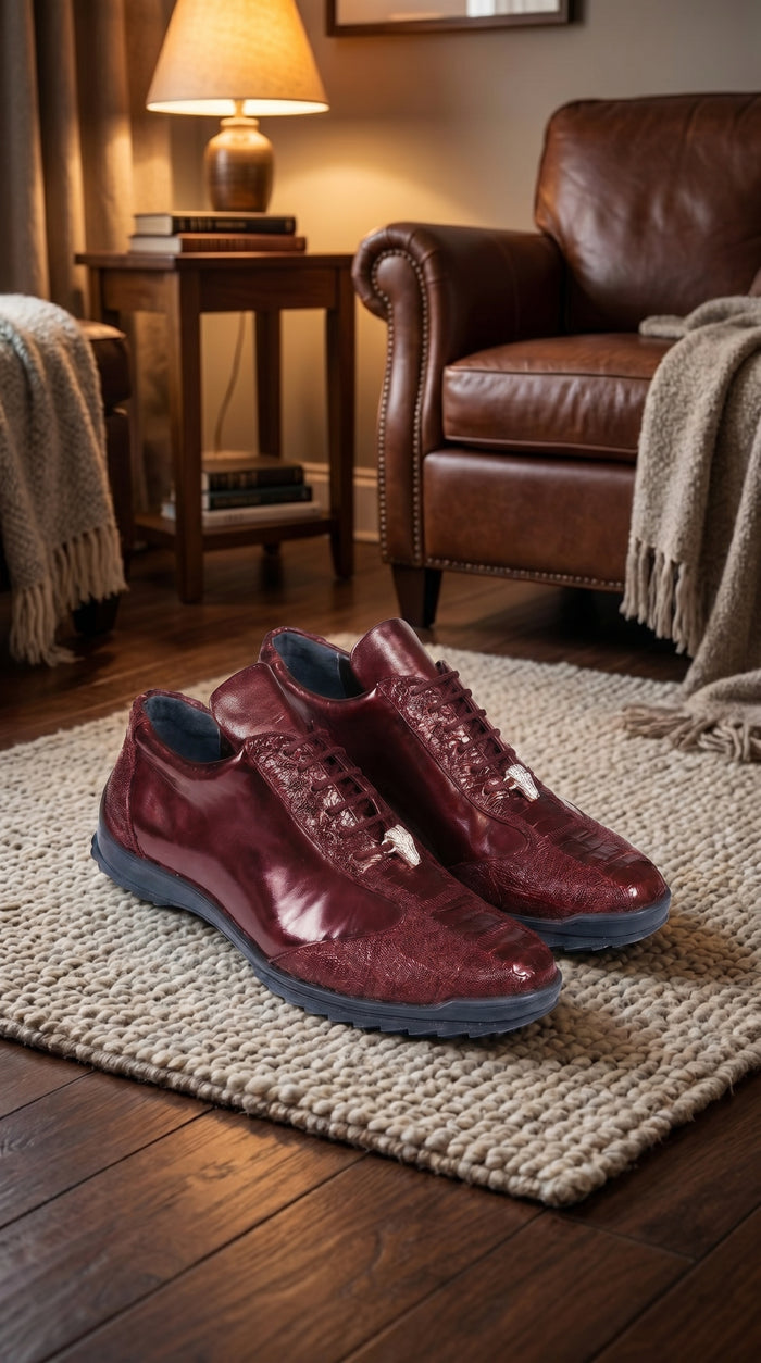 Men’s Wine Ostrich Leg Leather Sneakers with Lace Up Front, Exotic Casual Dress Shoes