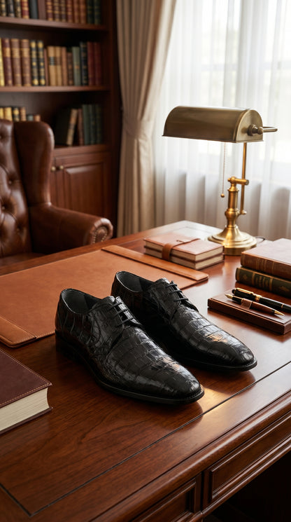 Men’s Los Altos Black Crocodile Dress Shoes with Italian Toe, Exotic Formal Lace Up Shoes