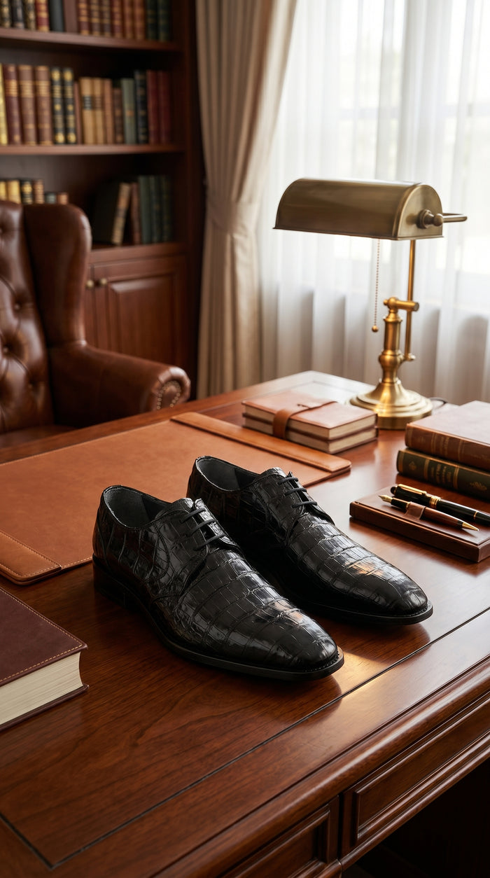 Men’s Los Altos Black Crocodile Dress Shoes with Italian Toe, Exotic Formal Lace Up Shoes
