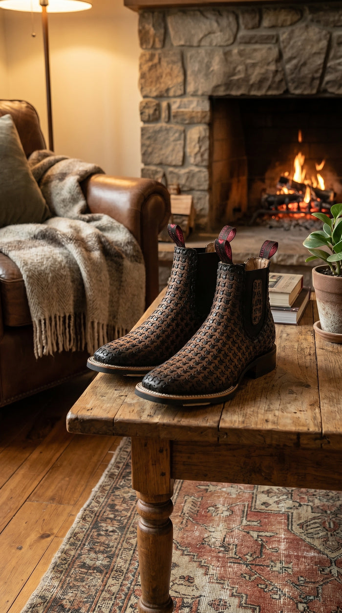 Men’s Petatillo Square Toe Boots in Brown and Black, Western Ankle Cowboy Boots