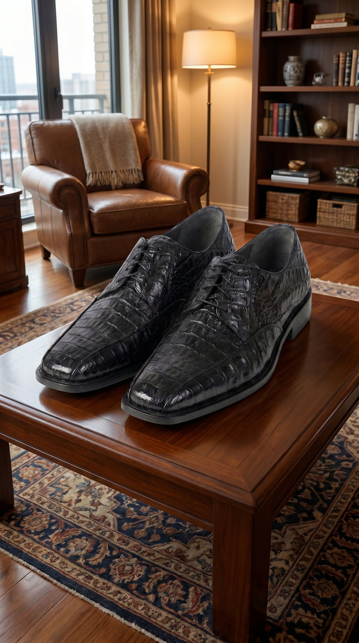 Men’s Los Altos Black Crocodile Bike Toe Dress Shoes, Exotic Formal Lace Up Shoes