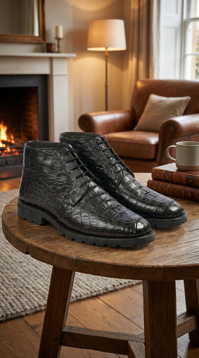 Men’s Los Altos Black Genuine Caiman Crocodile Hornback Ankle Boots, Exotic Lace Up Western Boots