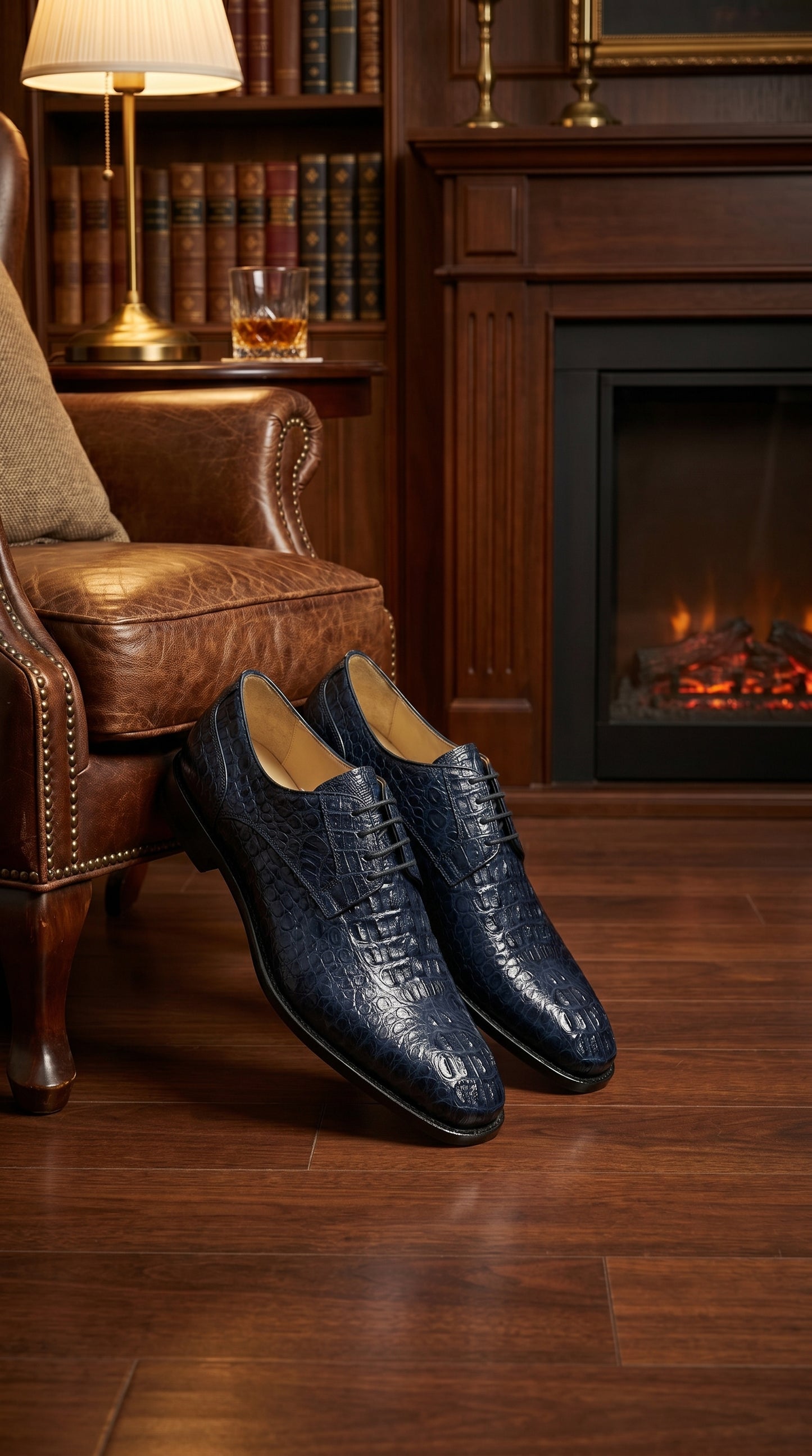 Men’s Los Altos Navy Caiman Hornback Dress Shoes with Plain Toe, Exotic Formal Lace Up Shoes