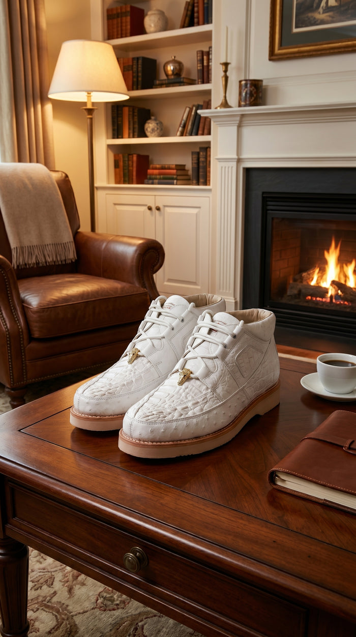 Men’s Los Altos White Caiman and Ostrich Skin Casual Sneakers, Exotic Lace Up Dress Shoes