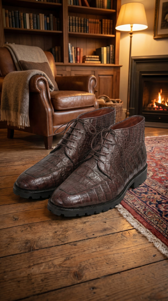 Men’s Los Altos Brown Genuine Caiman Crocodile Belly Ankle Boots, Exotic Lace Up Western Boots
