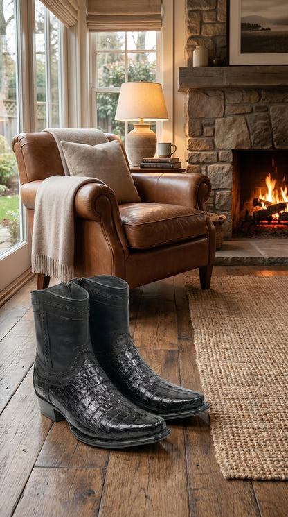 Men’s Los Altos Black Caiman Tail Short Cowboy Boots, Western Dress Boots