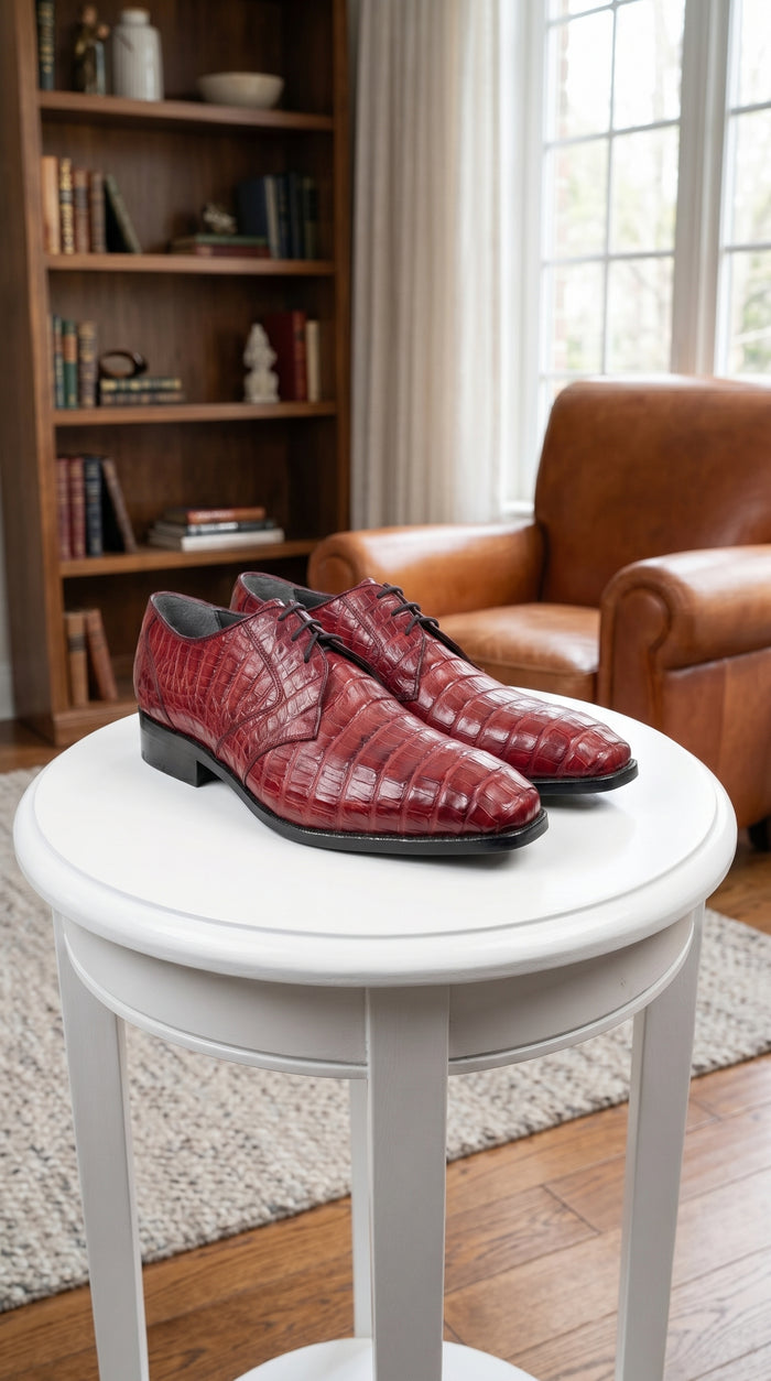 Men’s Los Altos Wine Burgundy Crocodile Lace Up Dress Shoes, Exotic Formal Wedding Shoes