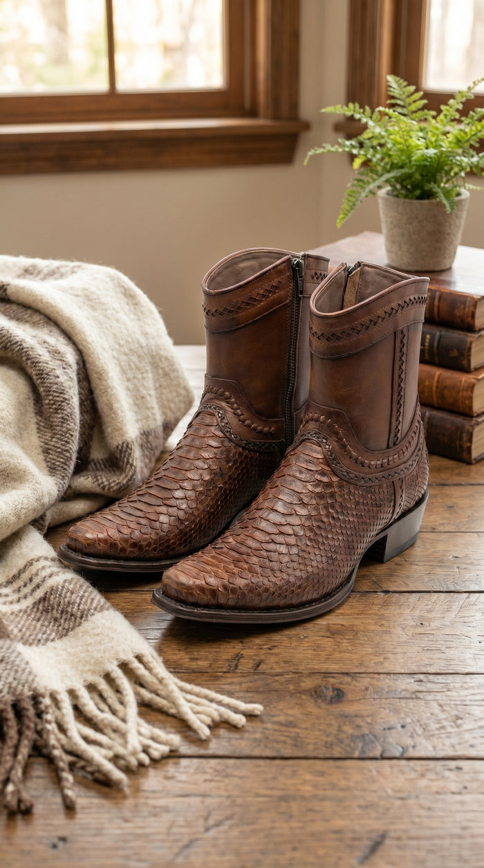 Men’s Los Altos Porto Brown Python Skin Short Boots with European Toe, Exotic Western Dress Boots