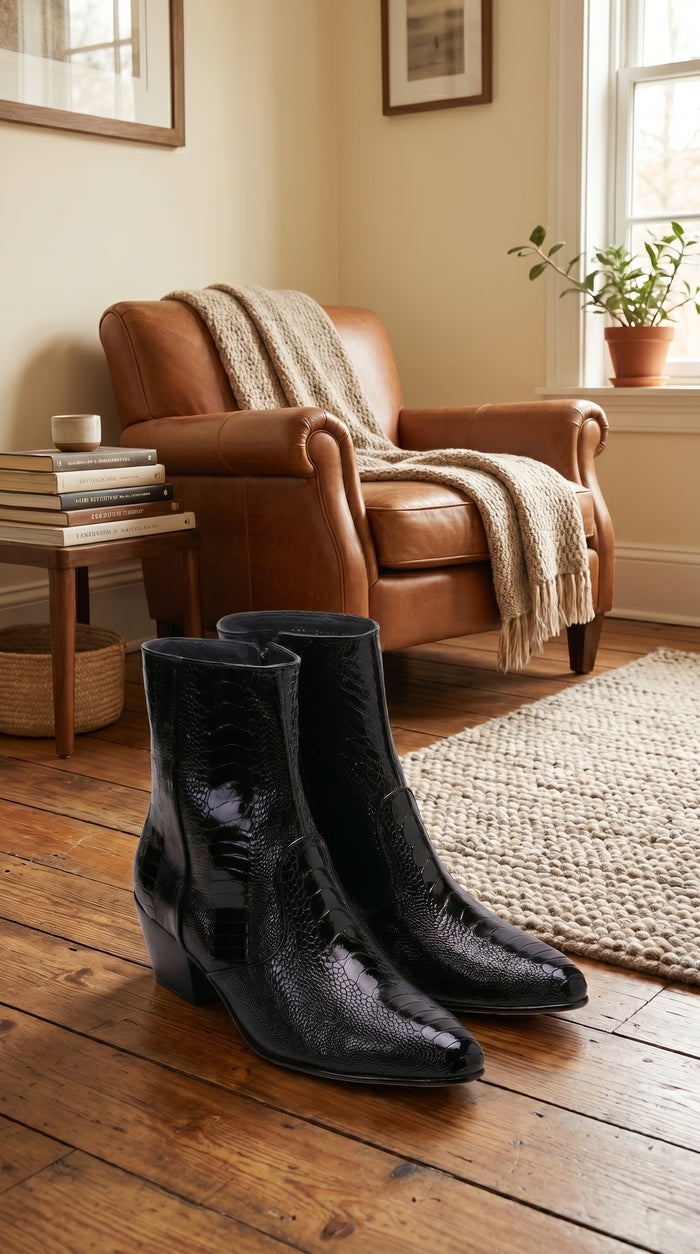 Men’s Los Altos Black Genuine Ostrich Leg Leather Ankle Boots, Exotic Western Dress Boots