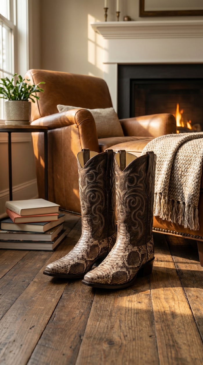 Men’s Los Altos Brown Rustic Python Snip Toe Cowboy Boots, Western Dress Boots