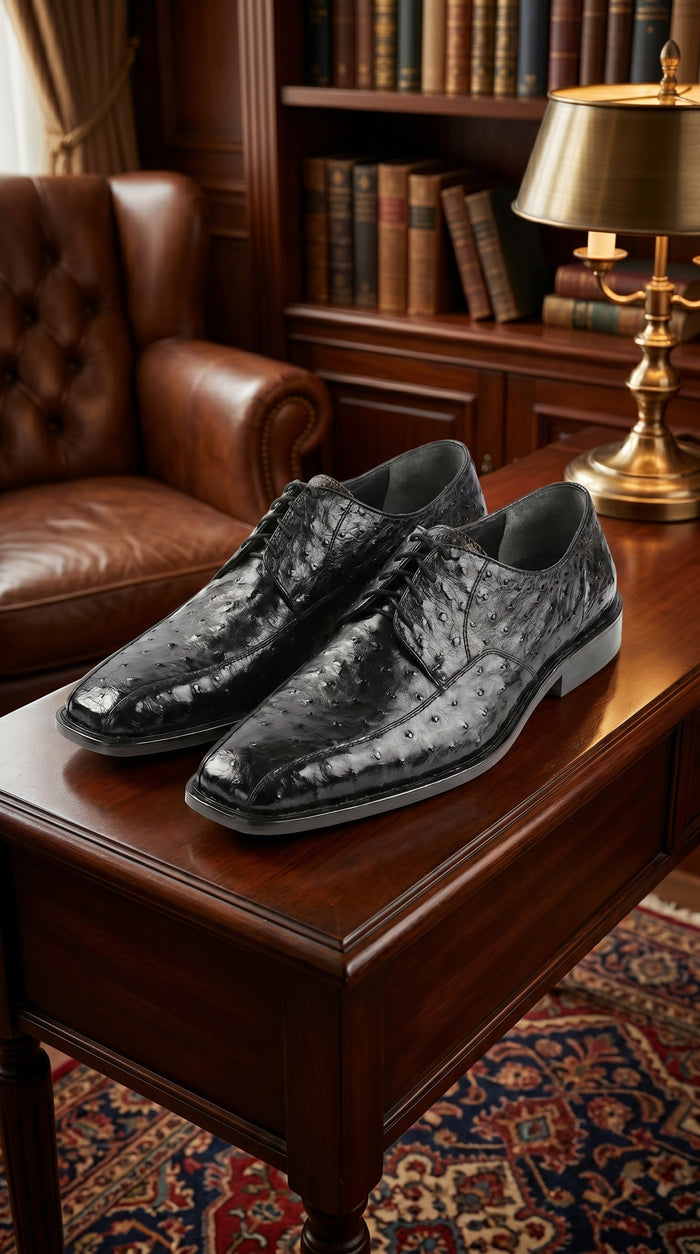 Men’s Los Altos Black Full Quill Ostrich Lace Up Dress Shoes with Bicycle Toe