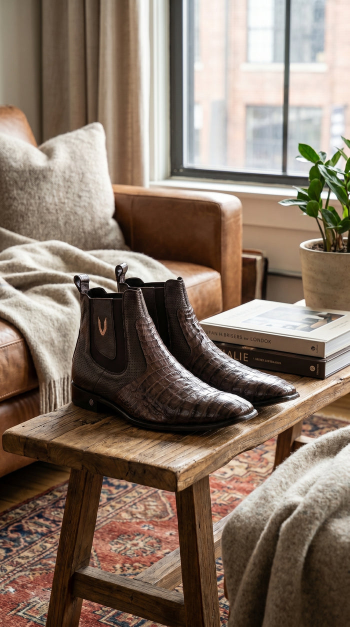 Men’s Brown Vestigium Caiman Belly Chelsea Boots, Genuine Exotic Dress Ankle Boots