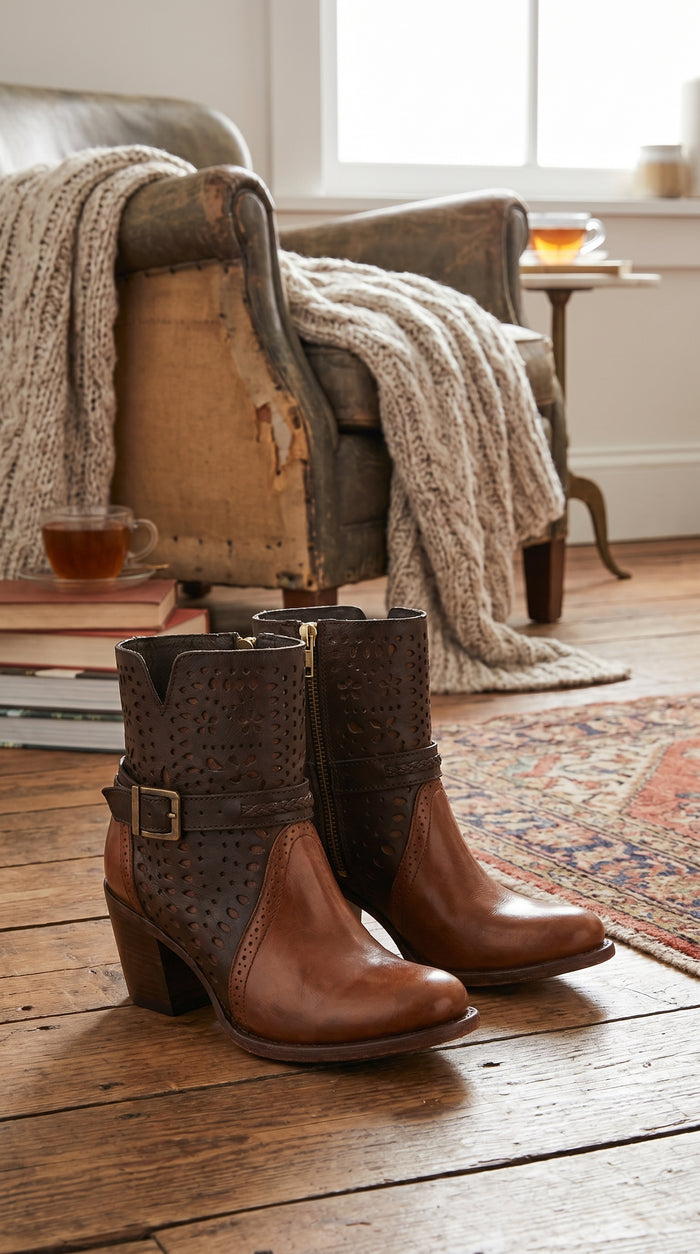 Women’s Brown Leather Short Boots with Oval Toe, Buckle Strap Fashion Ankle Boots