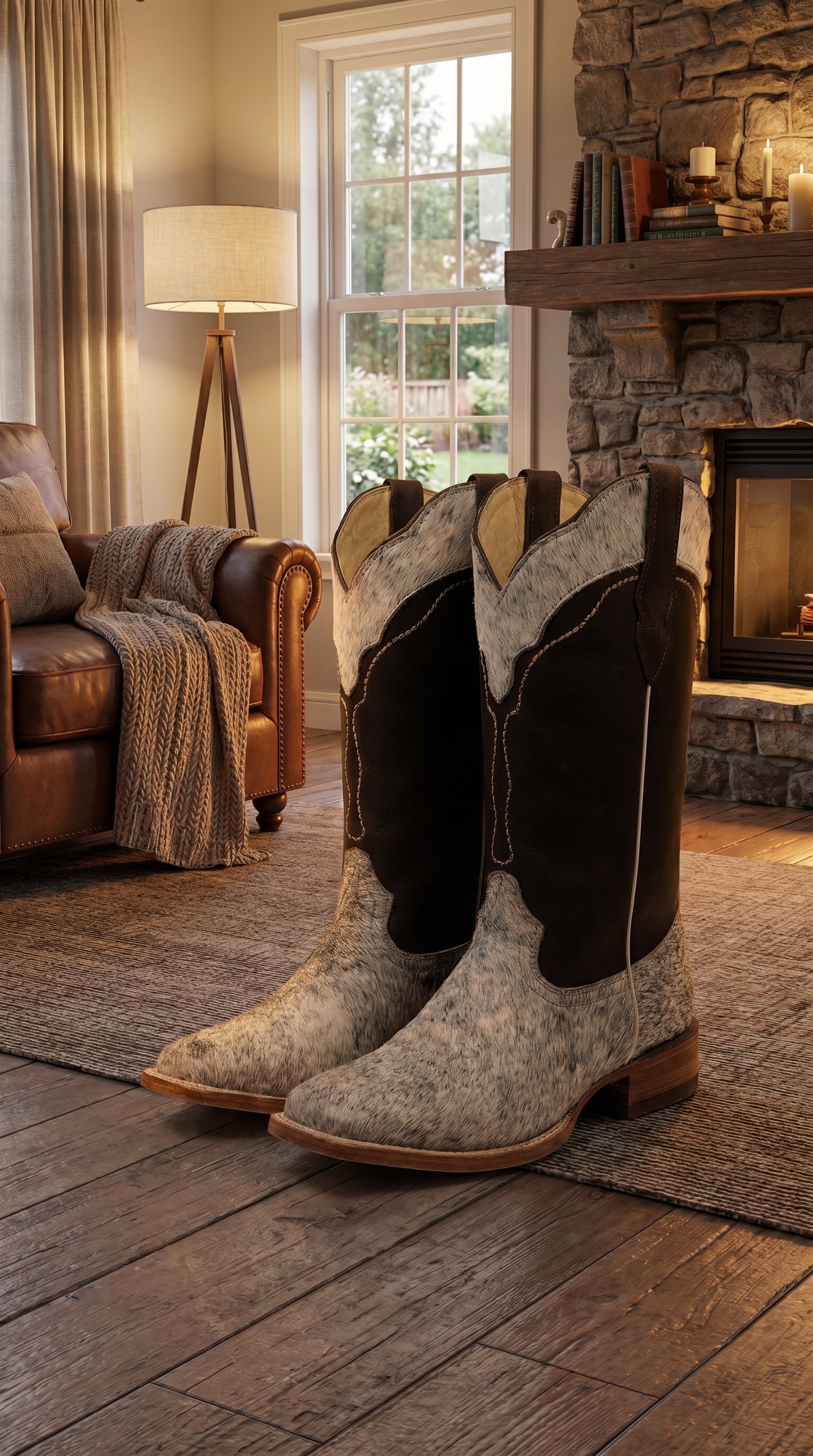 Women’s White and Brown Cowhide Leather Rodeo Boots, Western Pull On Cowboy Boots