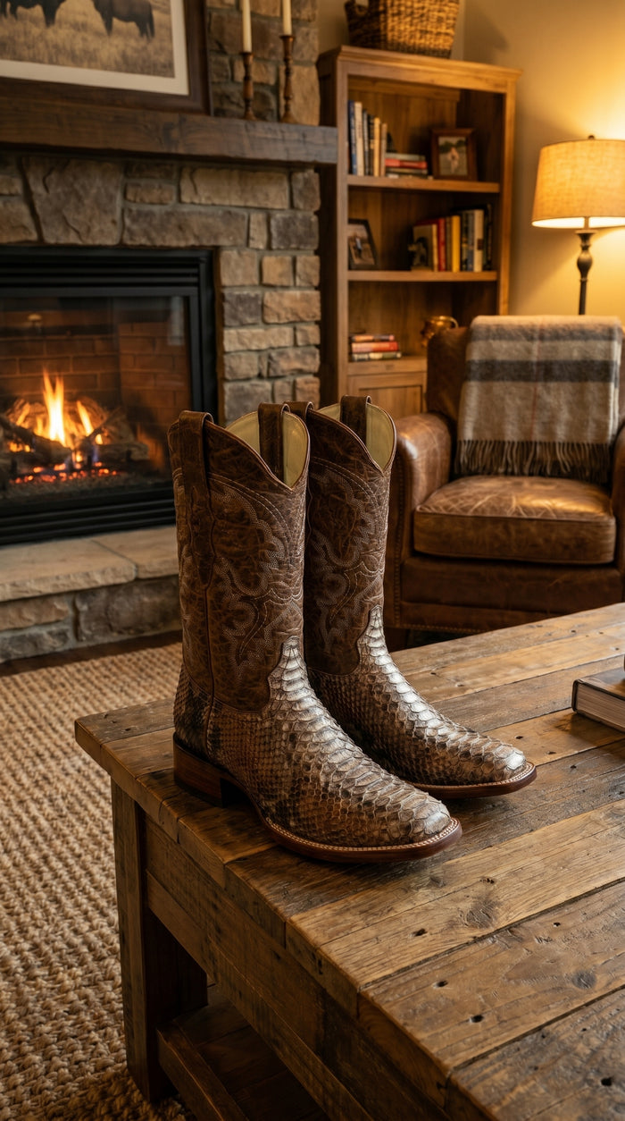 Men’s Brown Original Python Ranchero Cowboy Boots with Pointed Toe, Exotic Western Dress Boots