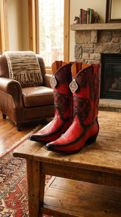 Men’s King Exotic Burnished Red Genuine Sharkskin Cowboy Boots with 3X Toe