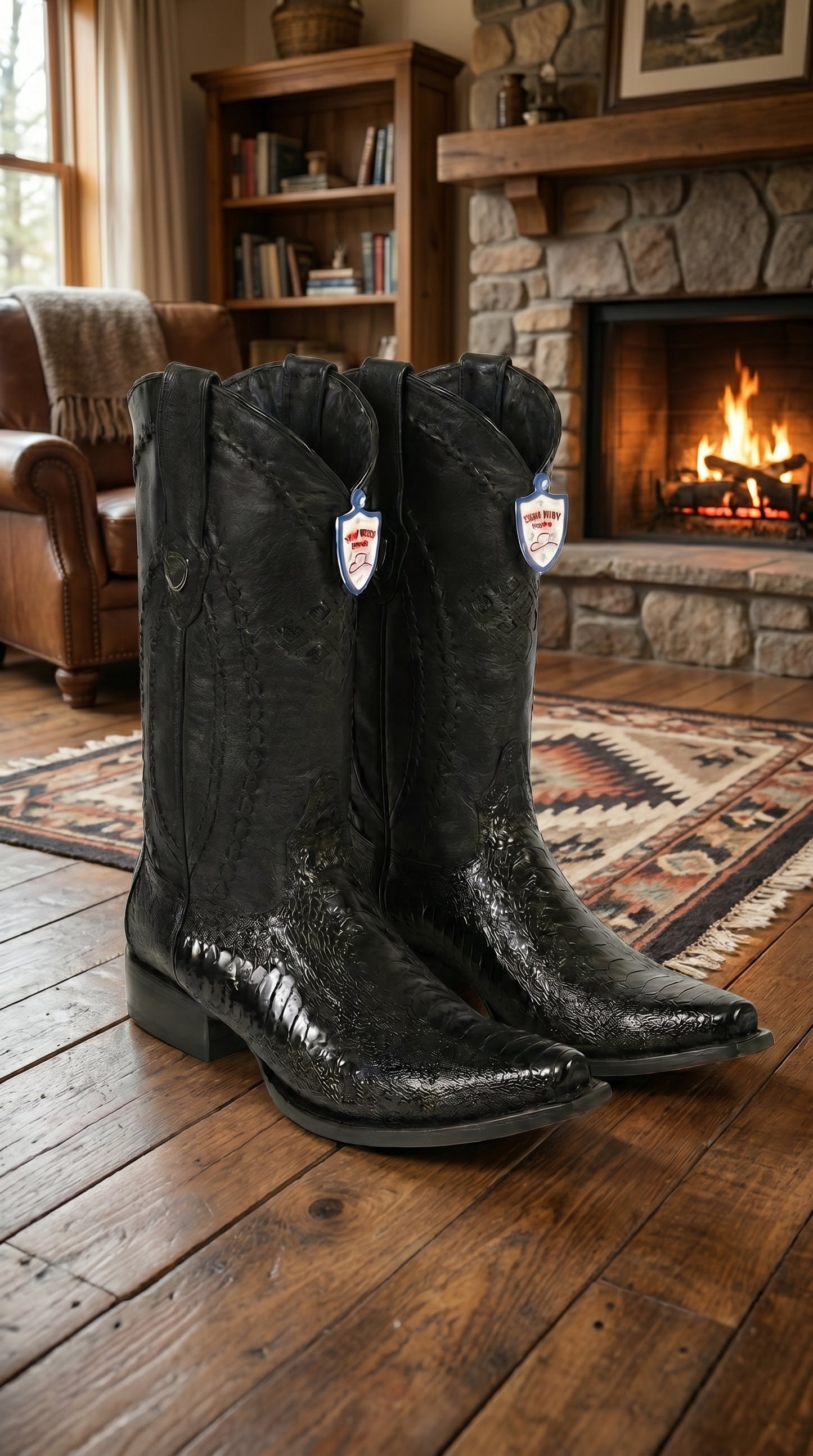 Men’s Black Ostrich Leg Cowboy Boots with Snip Toe, Western Dress Boots