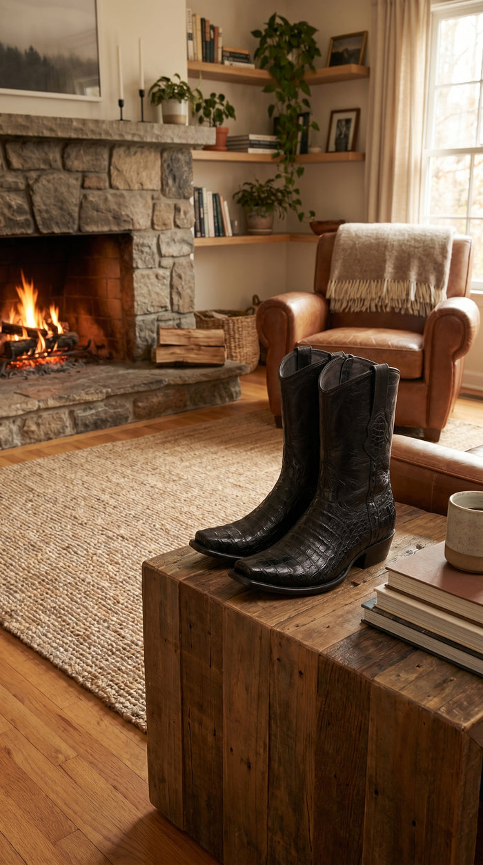 Men’s Black Caiman Skin Cowboy Boots with Western Shaft, Exotic Dress Boots