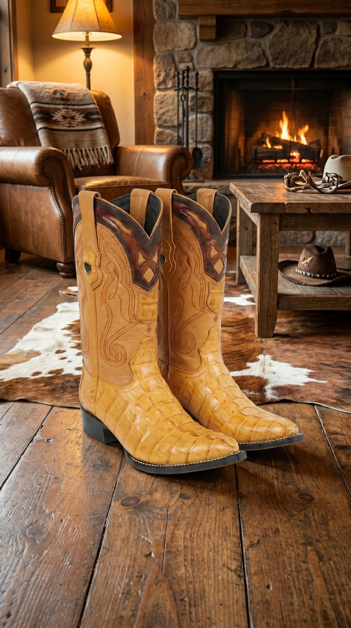 Men’s Yellow Gold Caiman Tail Skin 3X Toe Cowboy Boots – Wild West Western Boots 29501-A