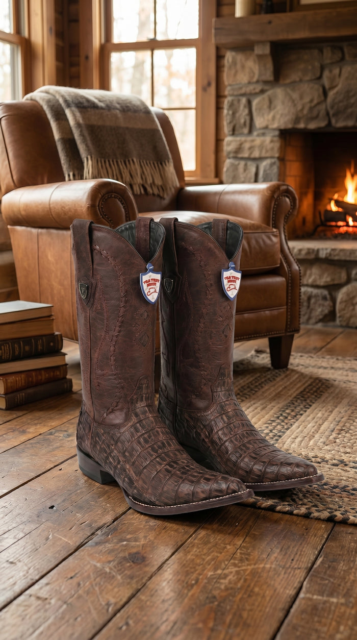 Men’s Wild West Brown Caiman Belly Skin 3X Toe Cowboy Boots, Exotic Western Dress Boots 29582-B