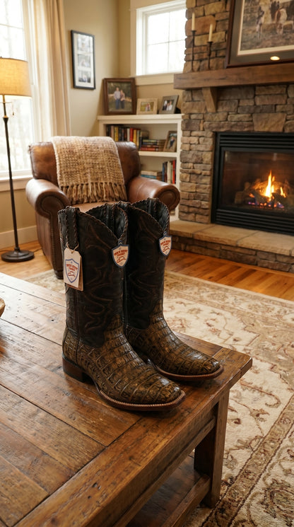 Men’s Wild West Brown Caiman Belly Skin 3X Toe Cowboy Boots, Exotic Western Dress Boots 29582-B