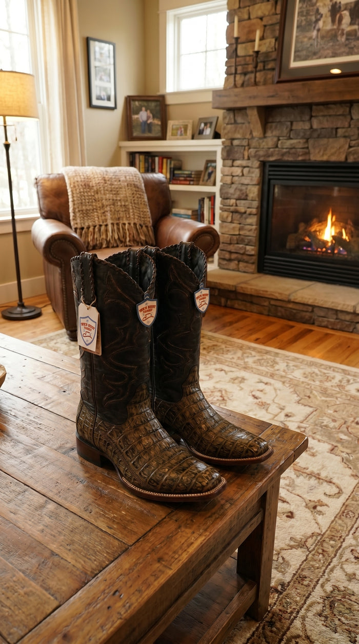Men’s Wild West Brown Caiman Belly Skin 3X Toe Cowboy Boots, Exotic Western Dress Boots 29582-B