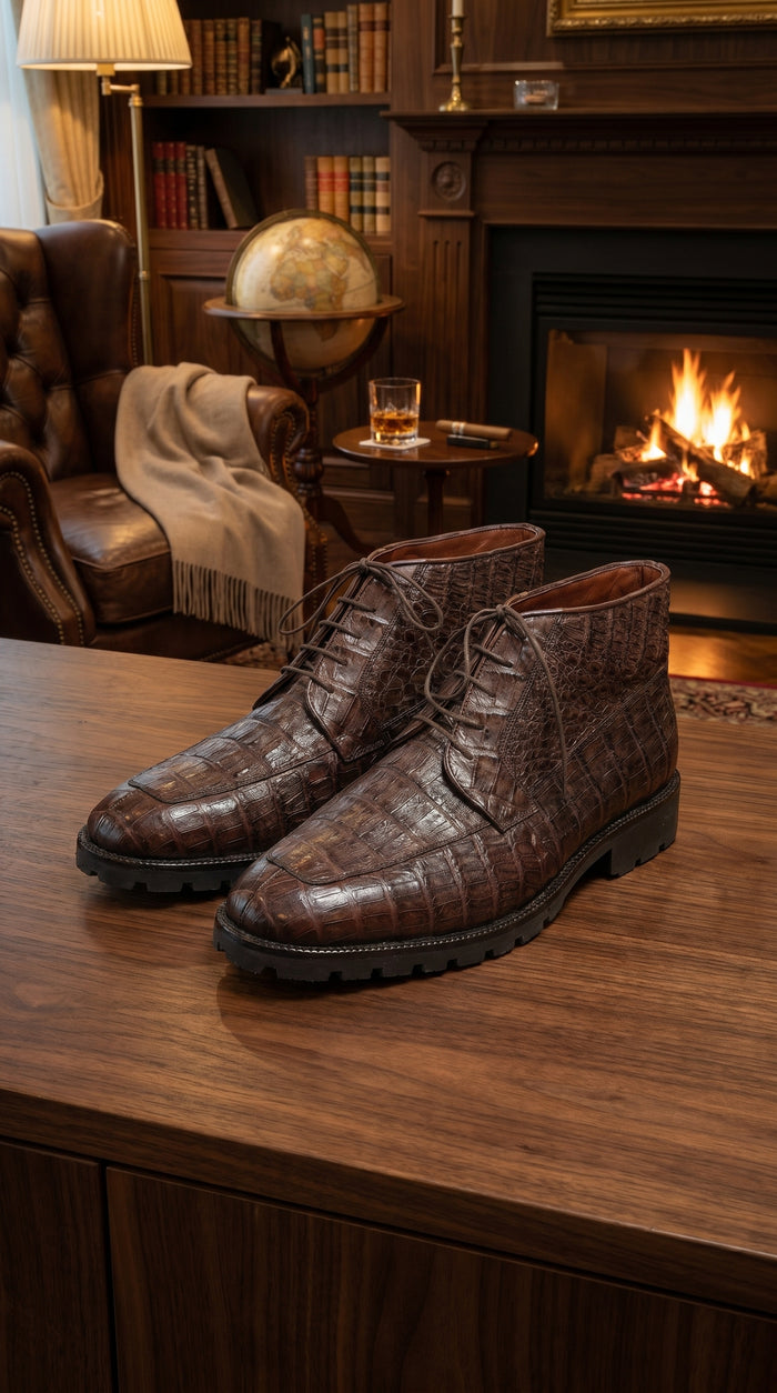 Men’s Los Altos Brown Genuine Caiman Crocodile Belly Ankle Boots, Exotic Lace Up Western Boots