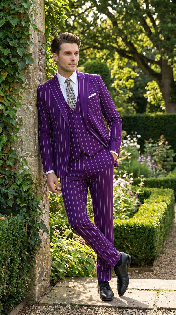 Men’s Purple Pinstripe 1920s Gangster Suit with Jacket, Vest and Pants, Vintage Formal Dress Suit