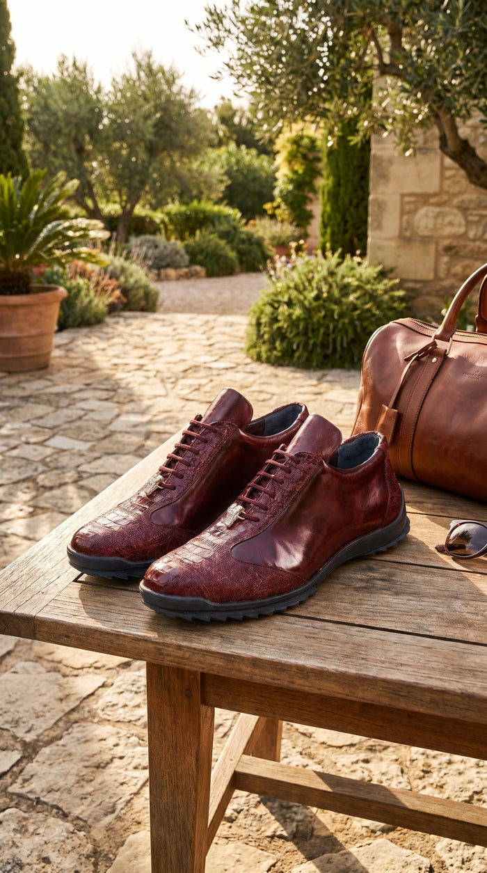 Men’s Wine Ostrich Leg Leather Sneakers with Lace Up Front, Exotic Casual Dress Shoes