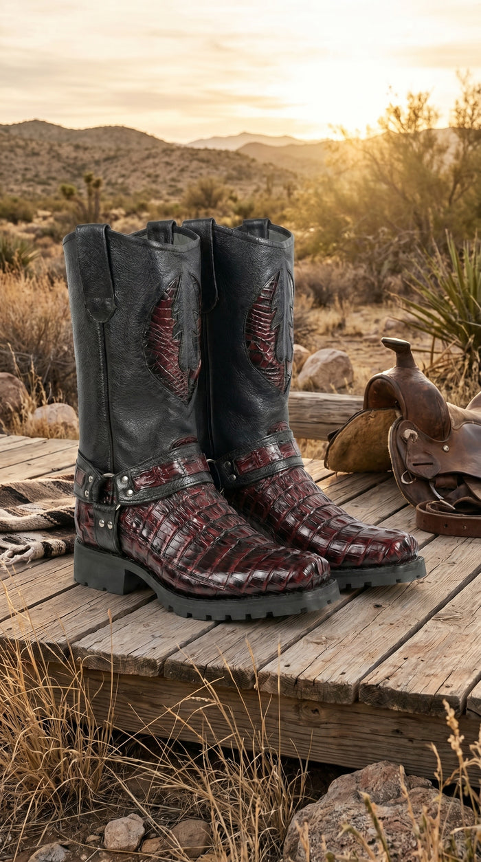 Men’s Los Altos Black and Burgundy Caiman Tail Skin Biker Boots, Exotic Western Motorcycle Boots