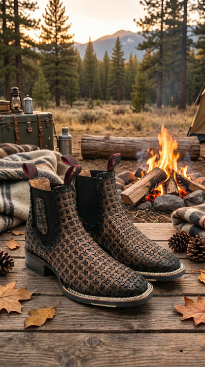 Men’s Petatillo Square Toe Boots in Brown and Black, Western Ankle Cowboy Boots