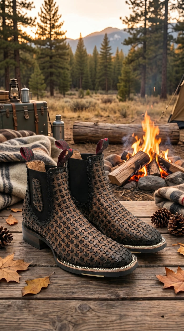 Men’s Petatillo Square Toe Boots in Brown and Black, Western Ankle Cowboy Boots