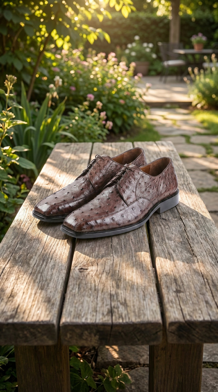 Men’s Los Altos Brown Full Quill Ostrich Dress Shoes with Bicycle Toe and Lace Up Front