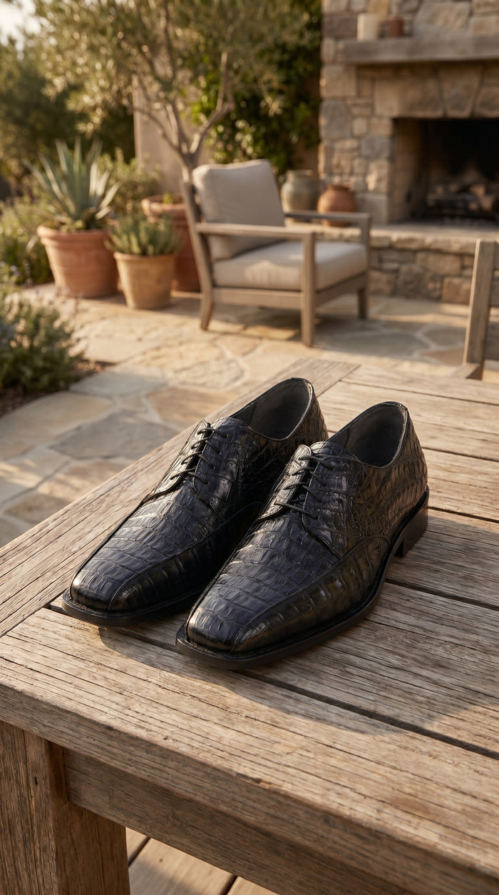 Men’s Los Altos Black Crocodile Bike Toe Dress Shoes, Exotic Formal Lace Up Shoes