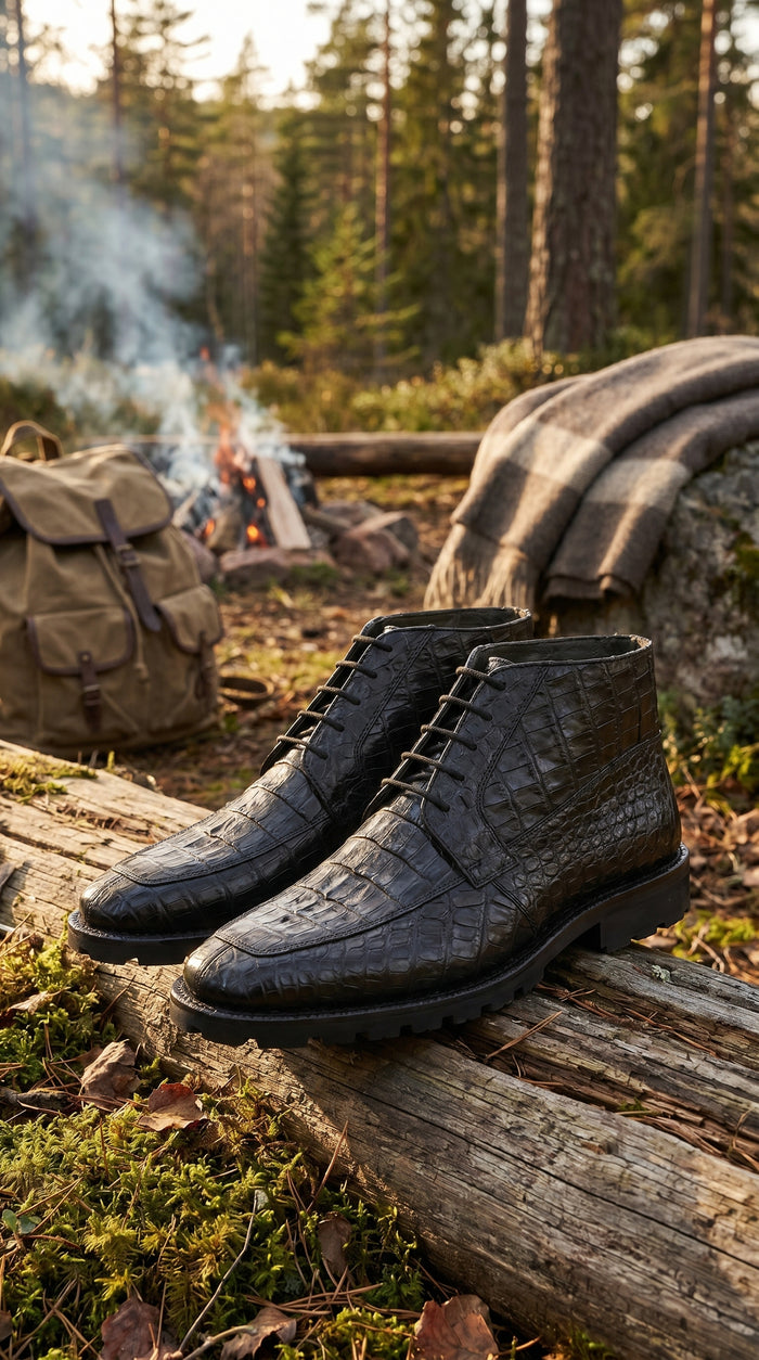Men’s Los Altos Black Genuine Caiman Crocodile Hornback Ankle Boots, Exotic Lace Up Western Boots