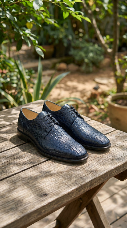 Men’s Los Altos Navy Caiman Hornback Dress Shoes with Plain Toe, Exotic Formal Lace Up Shoes