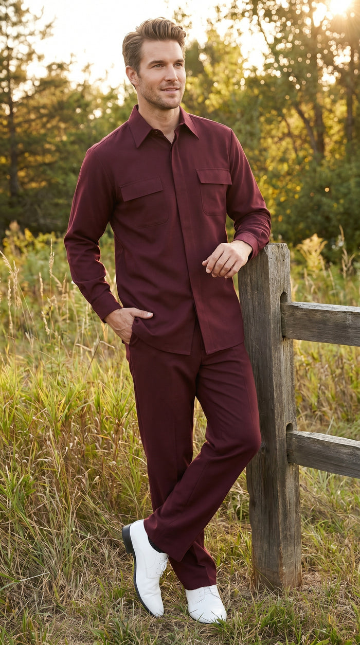 Men’s Apollo King Burgundy 2 Piece Walking Suit with Long Sleeve Shirt Jacket and Matching Pants