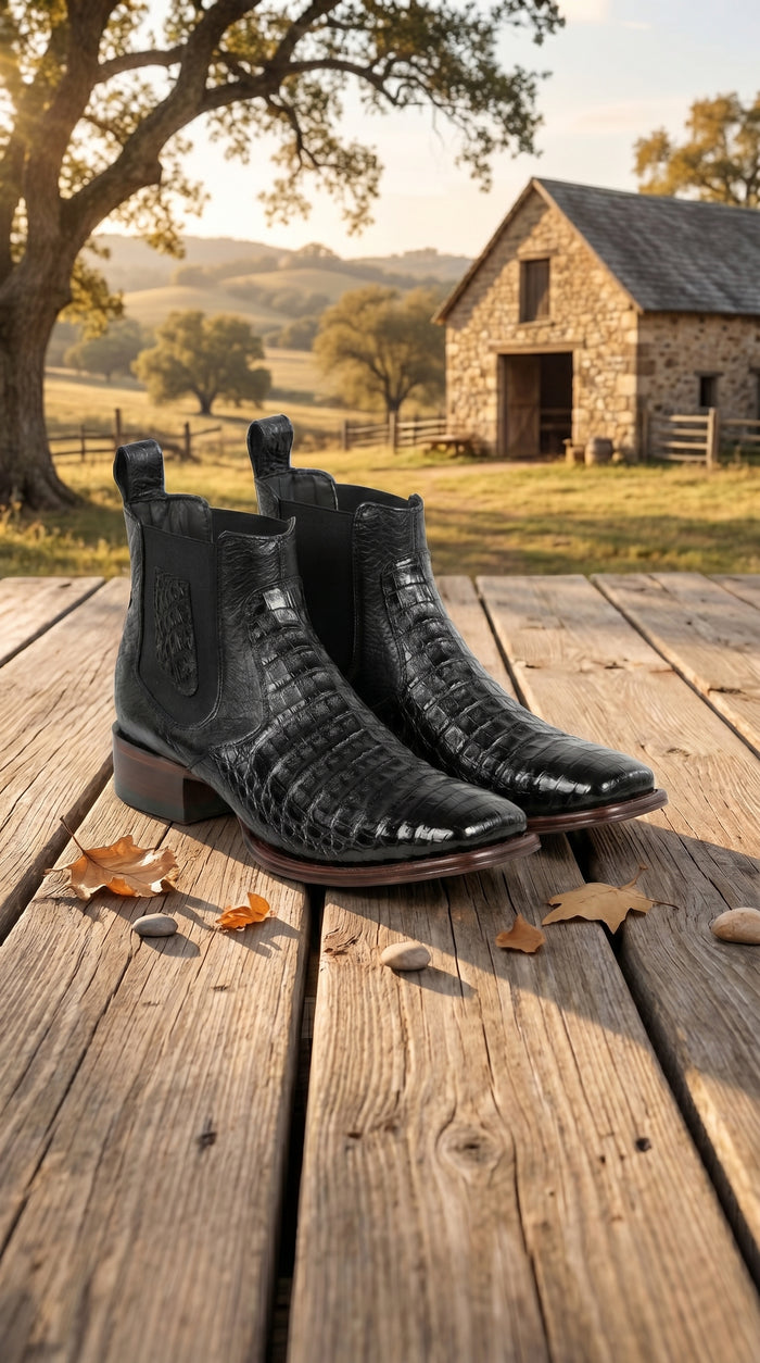 Men’s Los Altos Black Caiman Belly Short Boots with Wide Square Toe, Exotic Western Ankle Boots