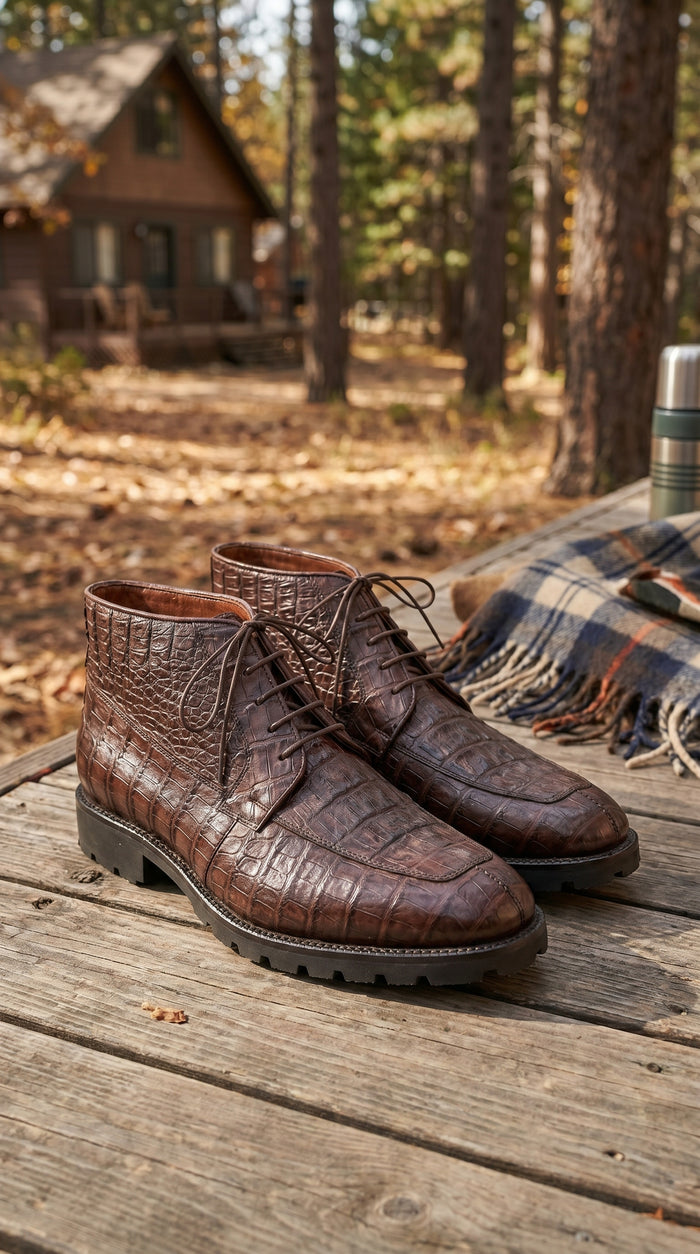 Men’s Los Altos Brown Genuine Caiman Crocodile Belly Ankle Boots, Exotic Lace Up Western Boots
