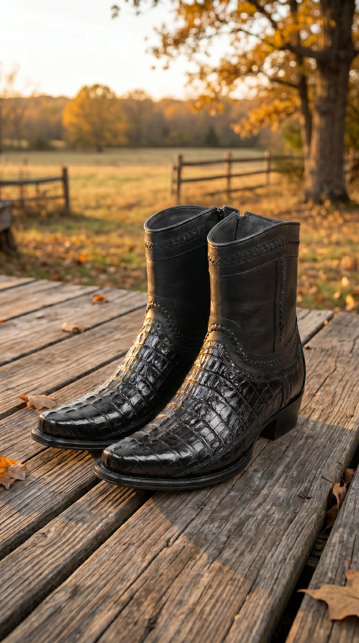 Men’s Los Altos Black Caiman Tail Short Cowboy Boots, Western Dress Boots