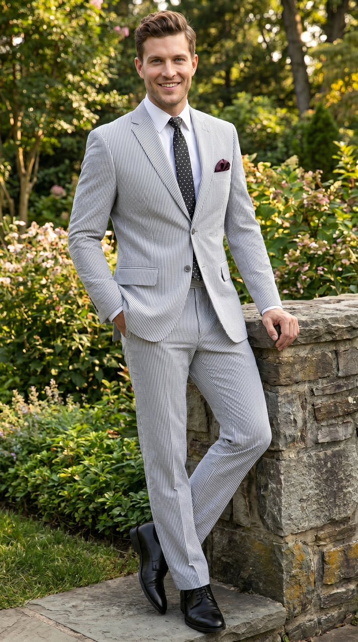 Men’s Black Pinstripe Summer Seersucker 2 Piece Suit with Jacket and Pants