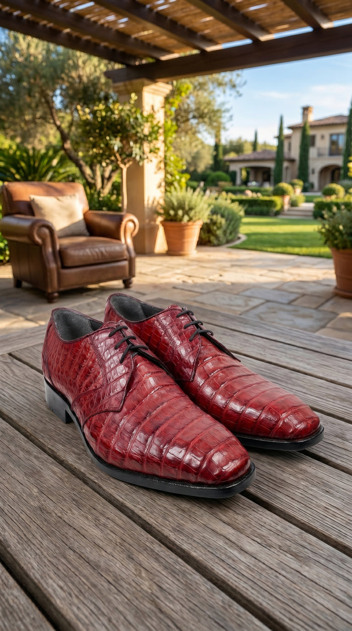 Men’s Los Altos Wine Burgundy Crocodile Lace Up Dress Shoes, Exotic Formal Wedding Shoes
